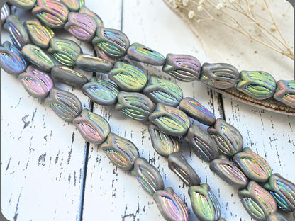 Czech Glass Tulip Flower Beads - Matte Vitrail - 16x12mm - 10pcs - (5089)