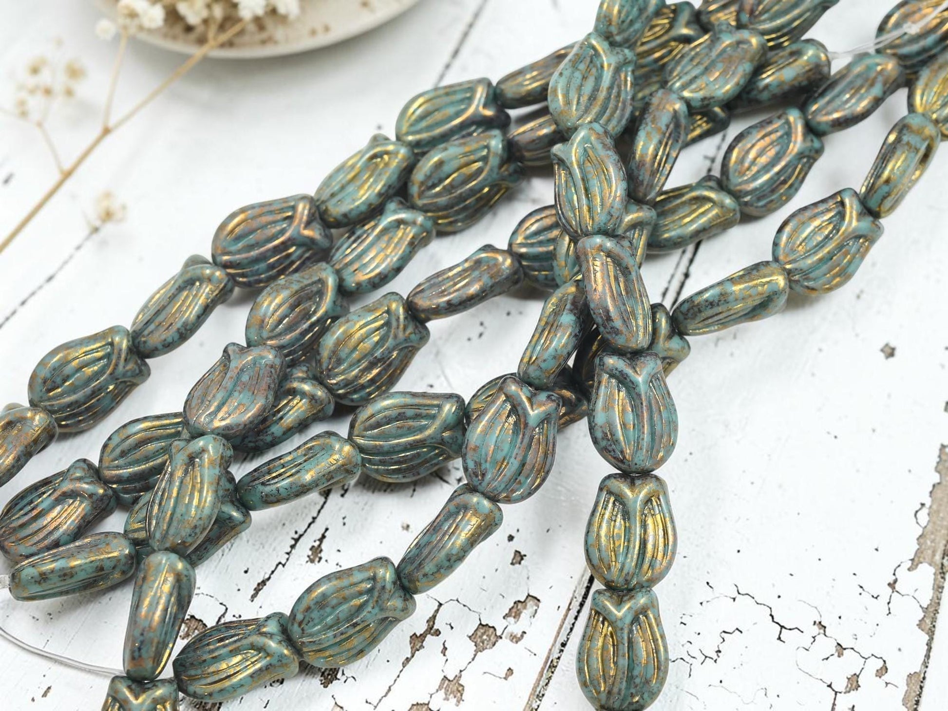 Czech Glass Tulip Flower Beads - Bronze Lustered Turquoise - 16x12mm - 10pcs - (493)