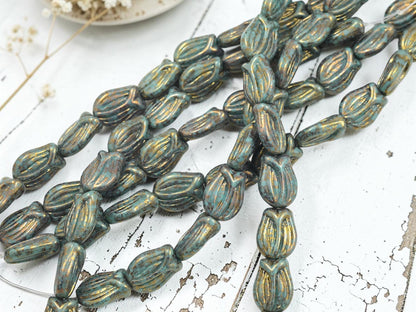 Czech Glass Tulip Flower Beads - Bronze Lustered Turquoise - 16x12mm - 10pcs - (493)