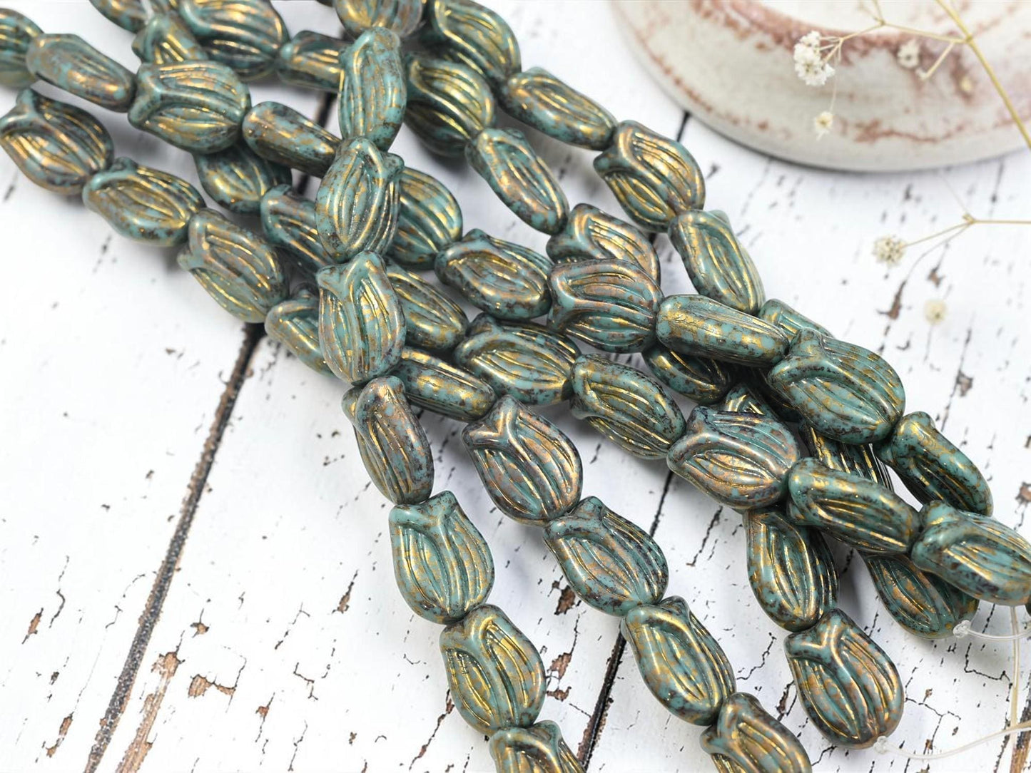Czech Glass Tulip Flower Beads - Bronze Lustered Turquoise - 16x12mm - 10pcs - (493)