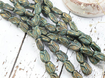 Czech Glass Tulip Flower Beads - Bronze Lustered Turquoise - 16x12mm - 10pcs - (493)
