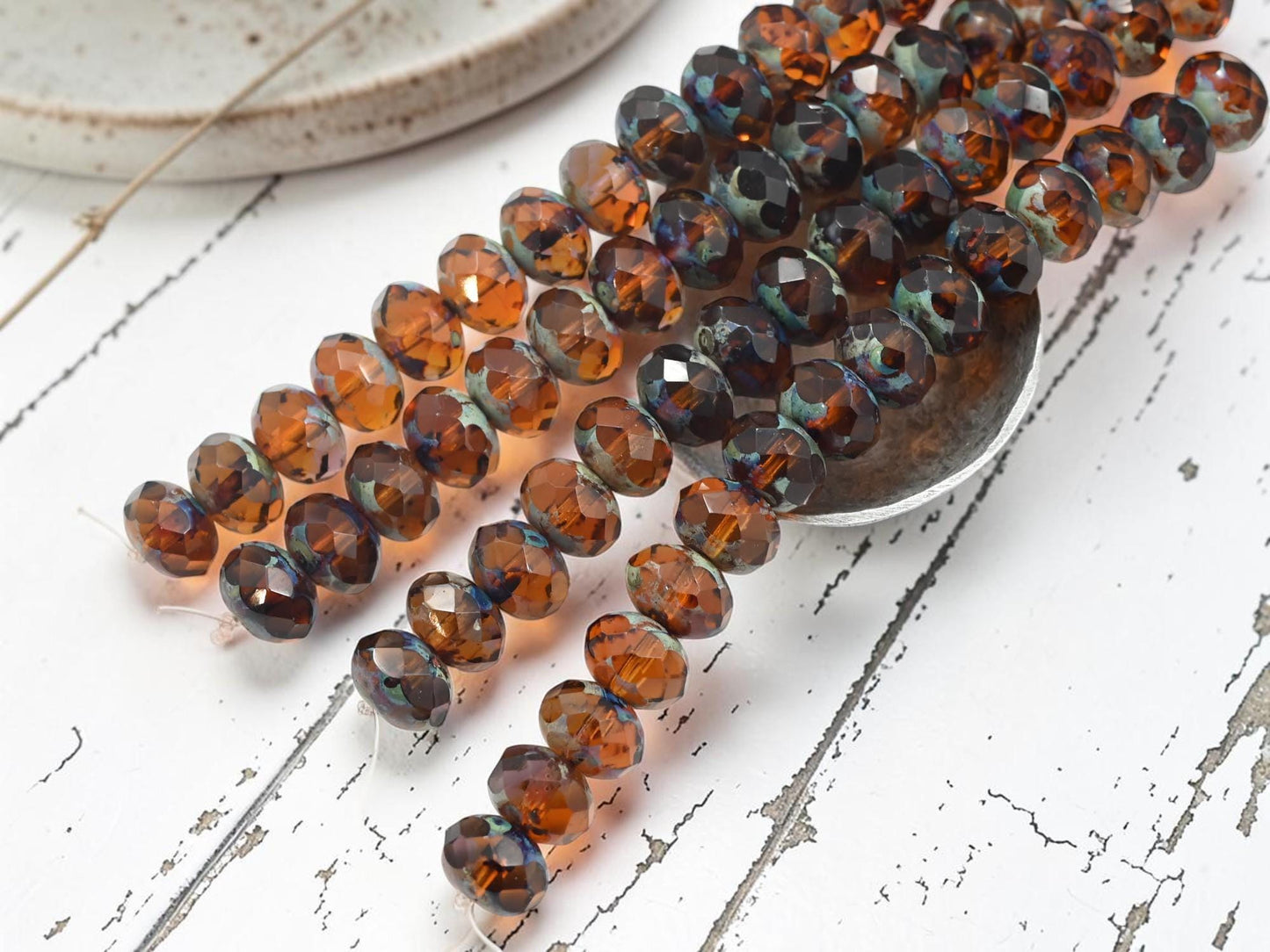 Fire Polished Czech Glass Faceted Rondelle Beads - Translucent Root Beer Picasso - 10x7mm - 15pcs - (5051)