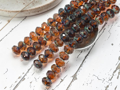 Fire Polished Czech Glass Faceted Rondelle Beads - Translucent Root Beer Picasso - 10x7mm - 15pcs - (5051)