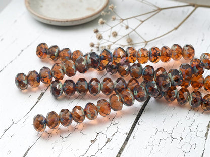 Fire Polished Czech Glass Faceted Rondelle Beads - Translucent Root Beer Picasso - 10x7mm - 15pcs - (5051)