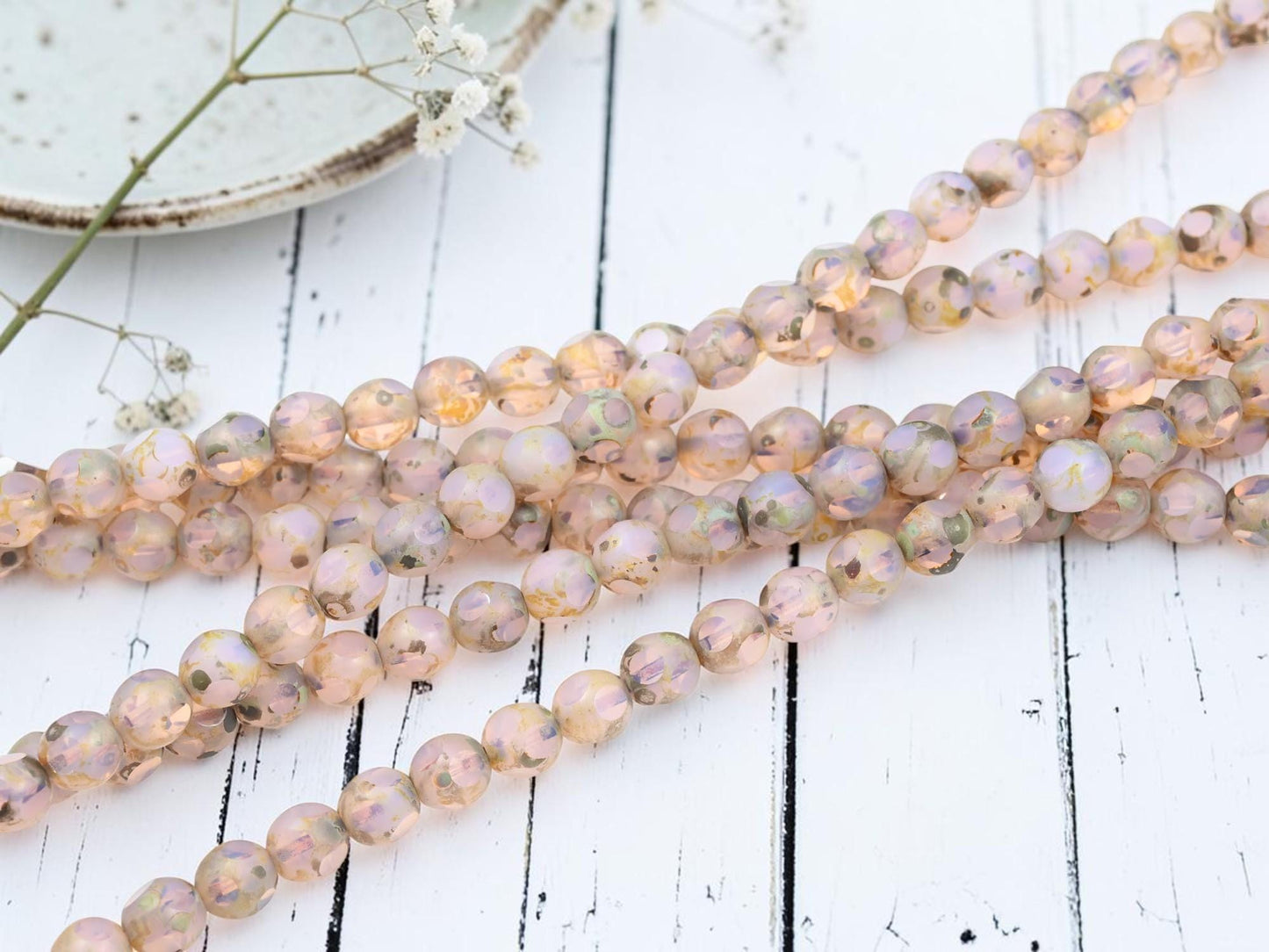 Vintage Old Stock Czech Glass Table Cut Round Picasso Beads - Pink Opaline - 8mm - 25pcs - (A497)