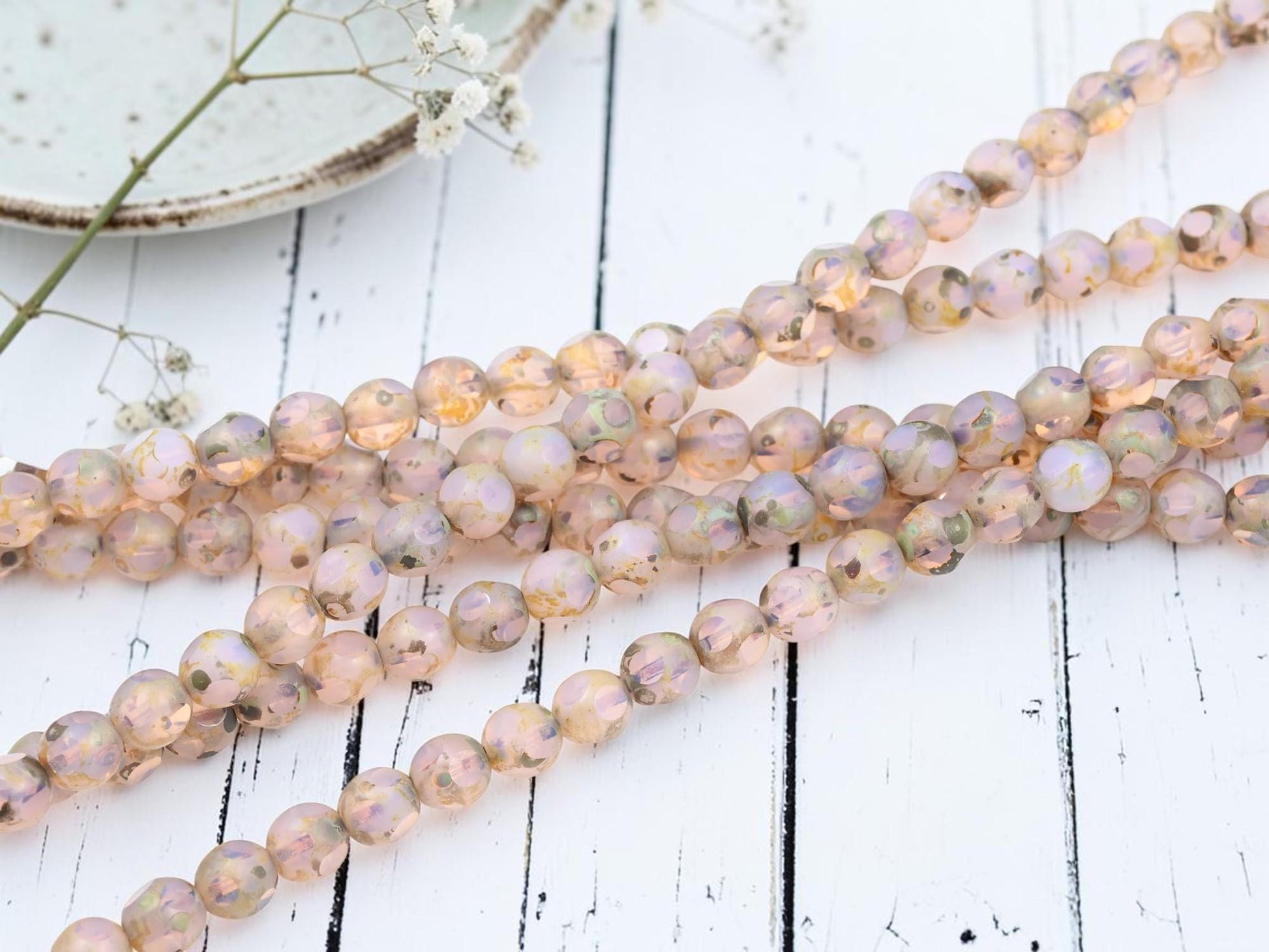Vintage Old Stock Czech Glass Table Cut Round Picasso Beads - Pink Opaline - 8mm - 25pcs - (A497)