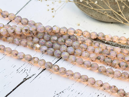 Vintage Old Stock Czech Glass Table Cut Round Picasso Beads - Pink Opaline - 8mm - 25pcs - (A497)