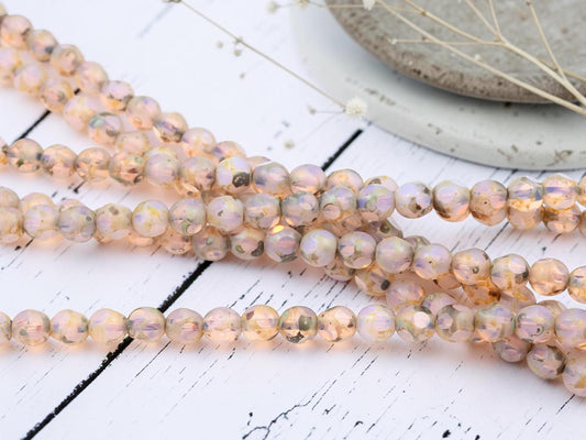 Vintage Old Stock Czech Glass Table Cut Round Picasso Beads - Pink Opaline - 8mm - 25pcs - (A497)