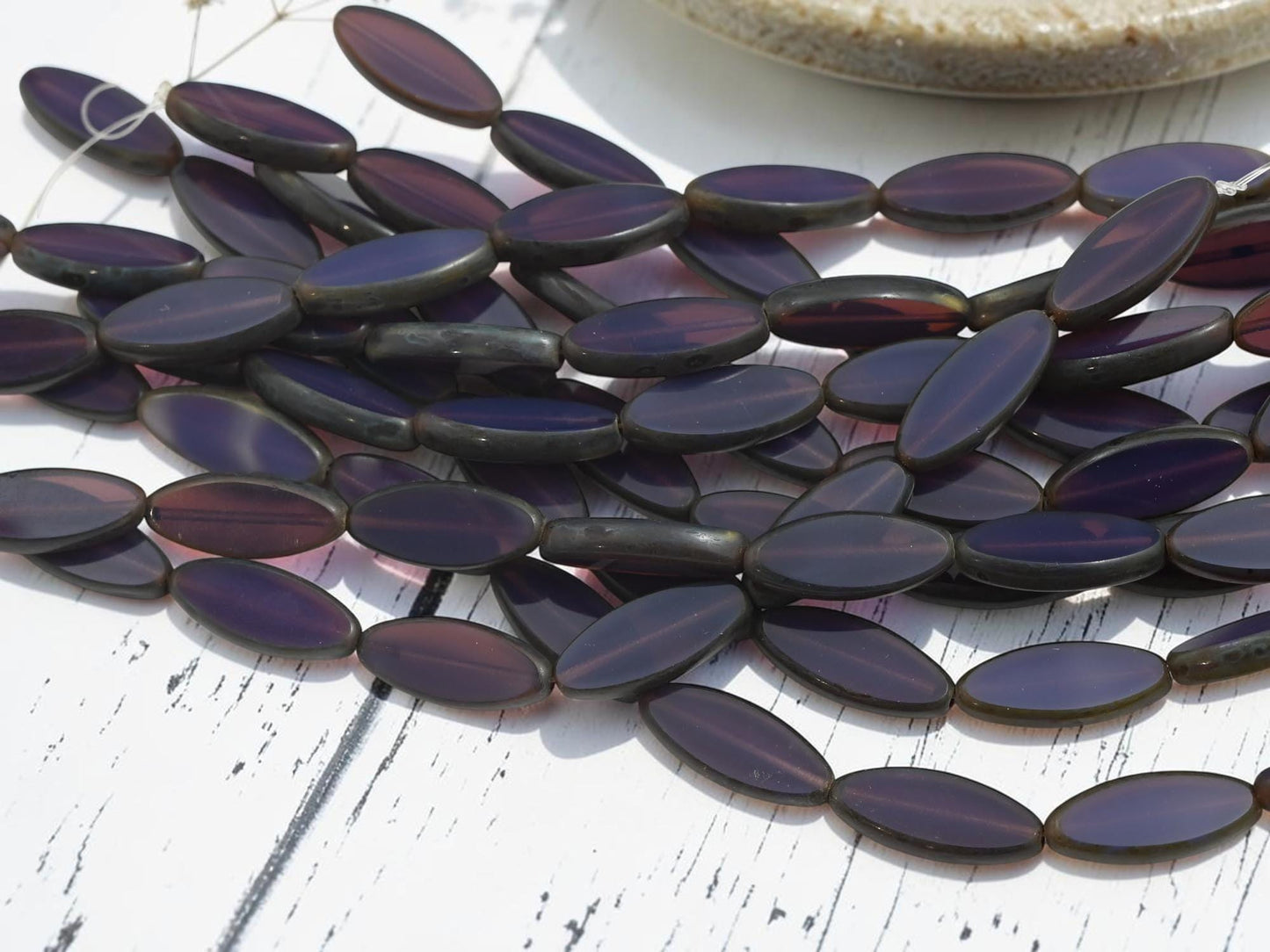 Czech Glass Table Cut Marquise Spindle Oval Beads - Purple Opaline Picasso - 19x8mm- 8pcs - (A435)