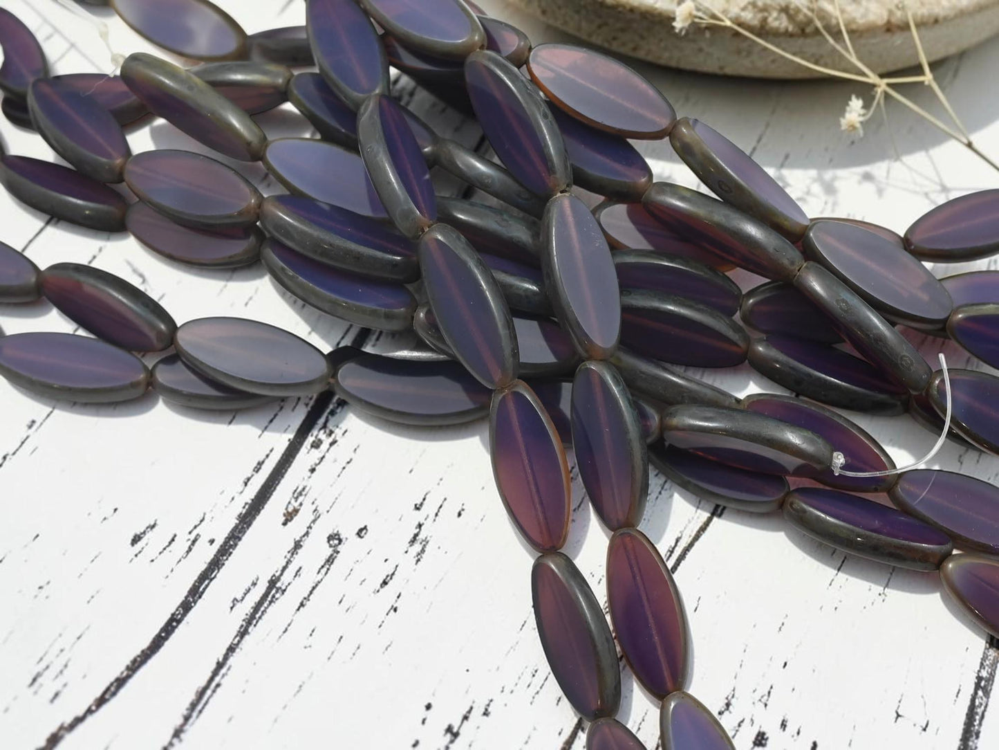 Czech Glass Table Cut Marquise Spindle Oval Beads - Purple Opaline Picasso - 19x8mm- 8pcs - (A435)