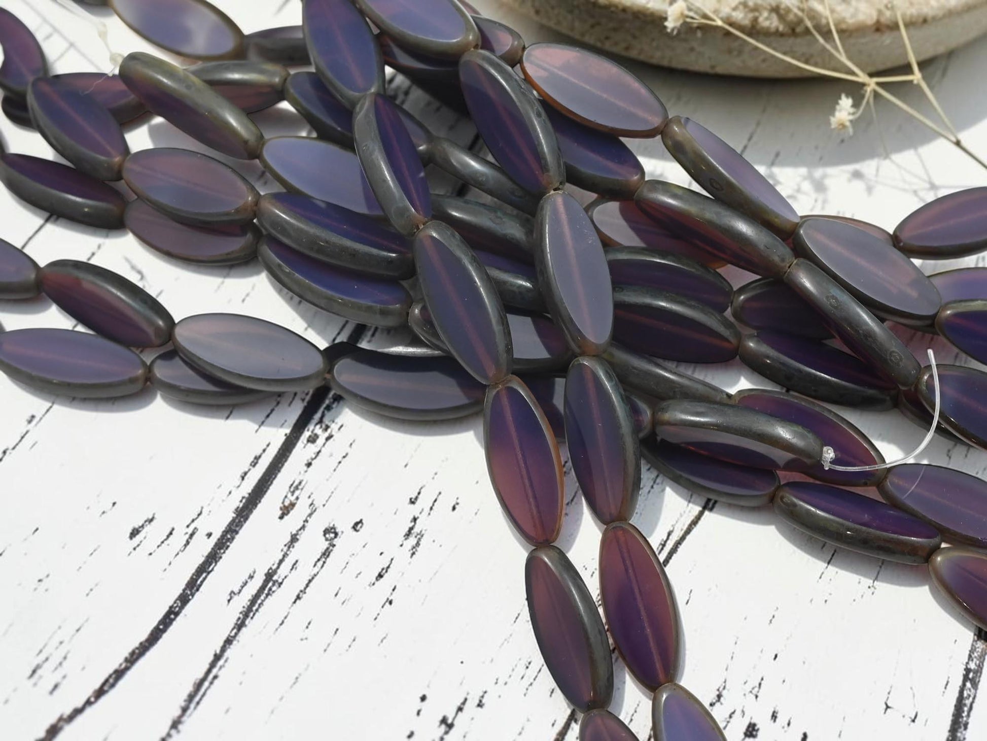Czech Glass Table Cut Marquise Spindle Oval Beads - Purple Opaline Picasso - 19x8mm- 8pcs - (A435)