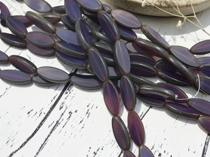Czech Glass Table Cut Marquise Spindle Oval Beads - Purple Opaline Picasso - 19x8mm- 8pcs - (A435)