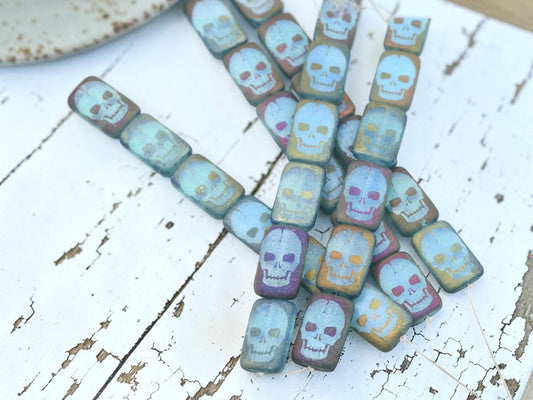Czech Glass Acid Etched Laser Design Skull Rectangle Beads - 6pcs - 12x18mm - (5928)