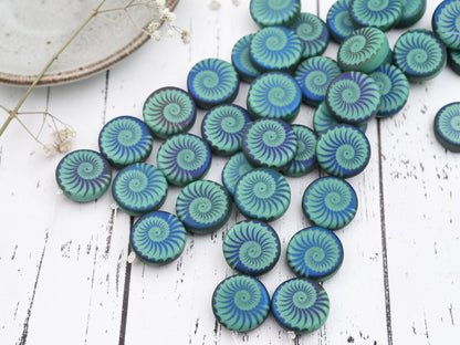 Czech Glass Laser Etched Ammonite Spiral Design Coin Beads - 14mm - 8pcs - (3202)