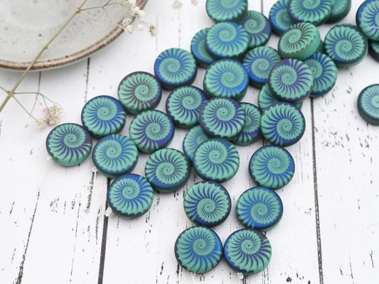 Czech Glass Laser Etched Ammonite Spiral Design Coin Beads - 14mm - 8pcs - (3202)