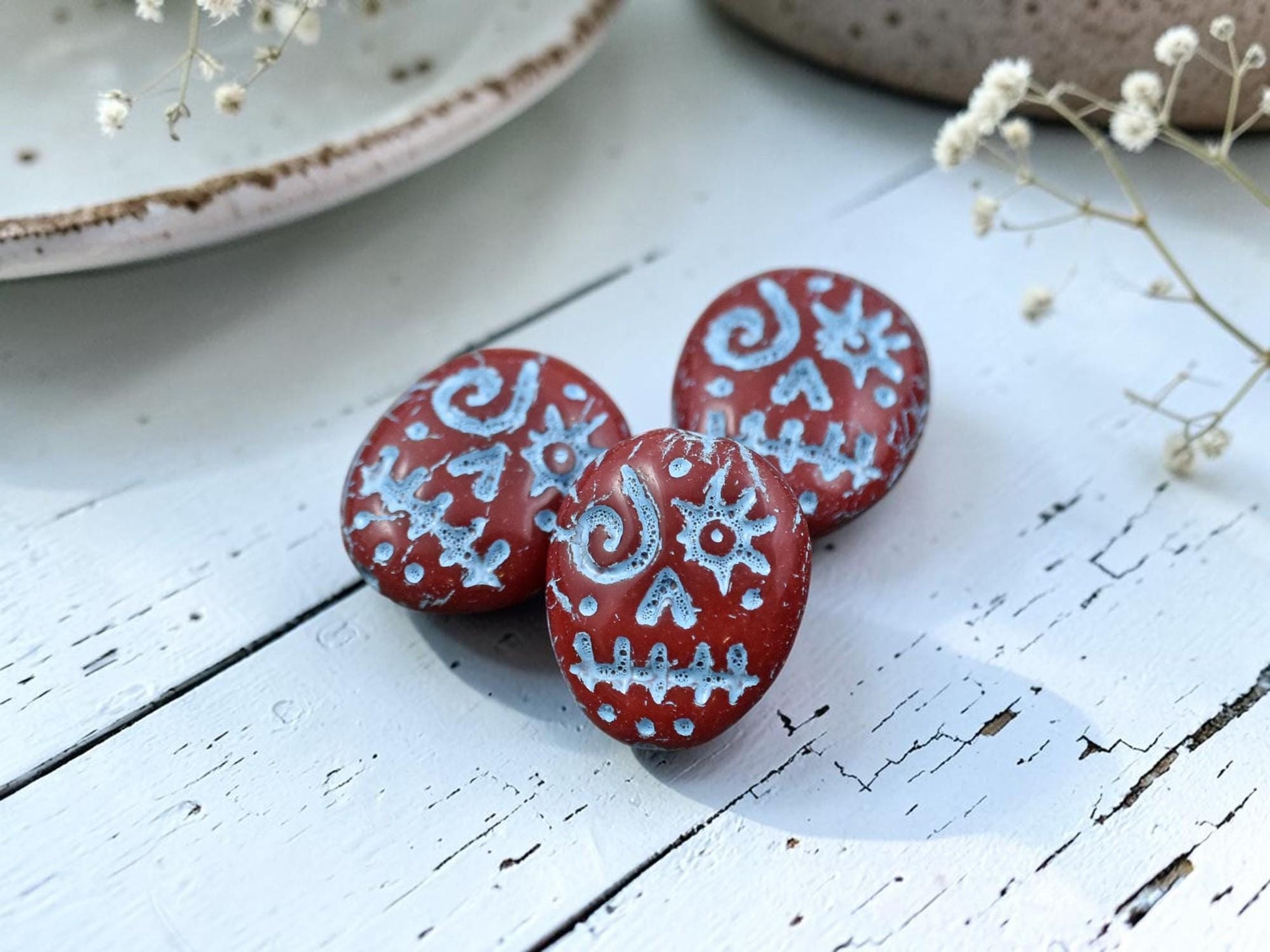 Czech Glass Beads - Sugar Skull Beads - Picasso Beads - Voodoo Beads - 15x13mm - 4pcs - (B712)