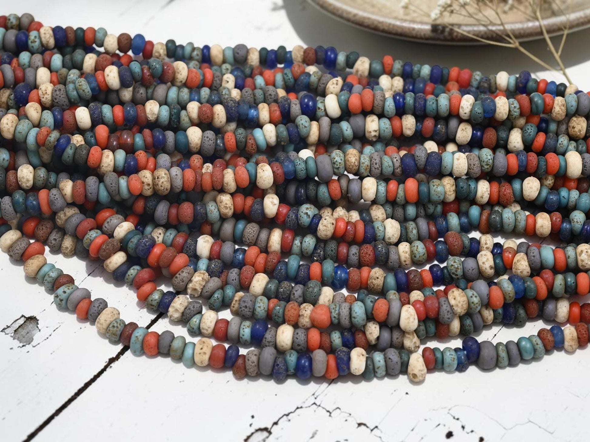 Indonesian Java Glass Beads -Multicolor Aged Donut - Approx 4x7mm - 20" Strand - (2203)