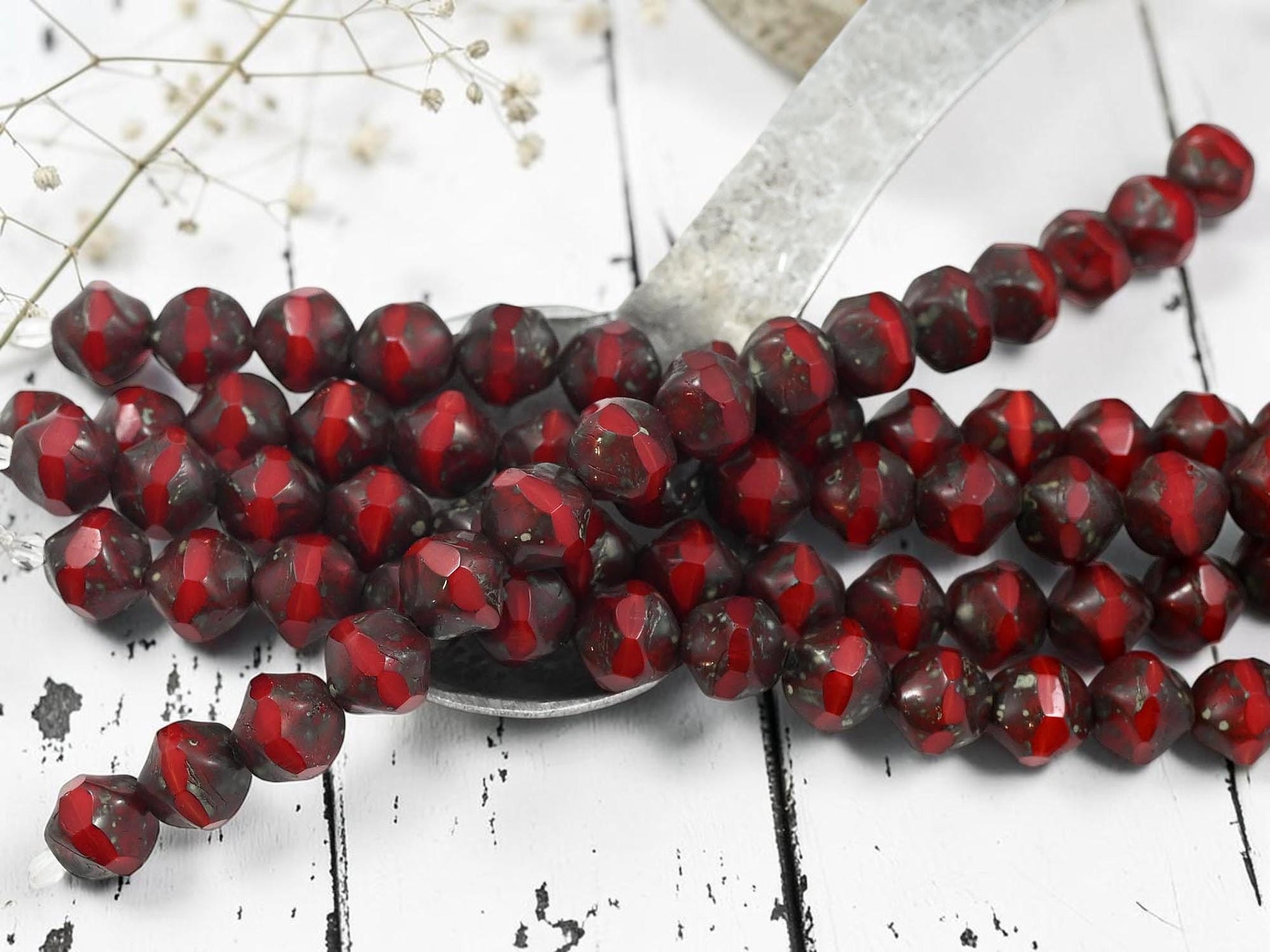 Old Stock Czech Glass Central Cut Round Baroque Beads - Red Opaline Picasso - 9mm - 15pcs - (A68)