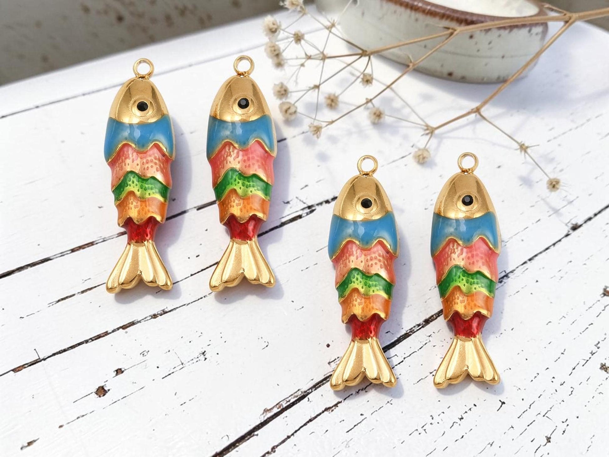 18k Gold Plated Enamel Metal Fish Charm Pendants - 28x8mm - 1pc - (5128)