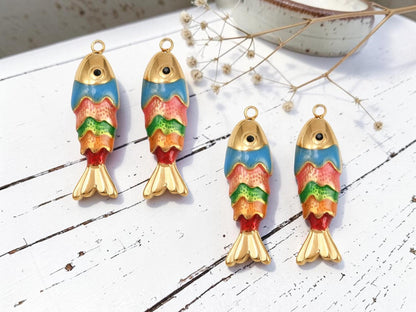 18k Gold Plated Enamel Metal Fish Charm Pendants - 28x8mm - 1pc - (5128)