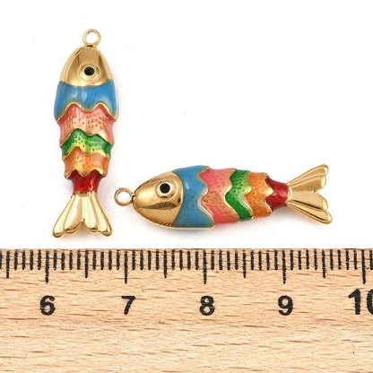 18k Gold Plated Enamel Metal Fish Charm Pendants - 28x8mm - 1pc - (5128)