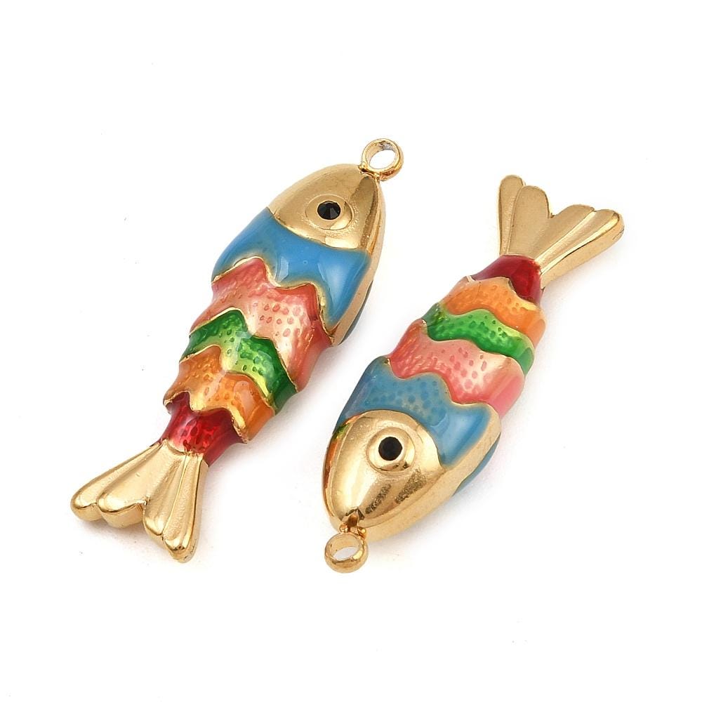 18k Gold Plated Enamel Metal Fish Charm Pendants - 28x8mm - 1pc - (5128)