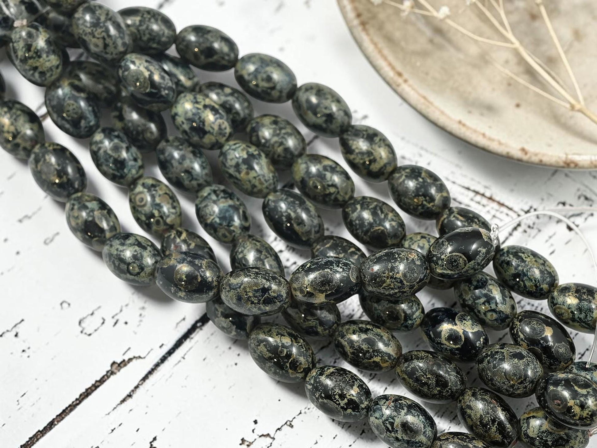 Old Stock Czech Pressed Glass Oval Rice Beads - Jet Black Picasso - 8x12mm - 12pcs Full Strand - (B996)