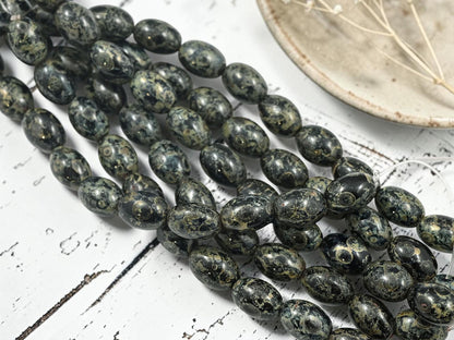 Old Stock Czech Pressed Glass Oval Rice Beads - Jet Black Picasso - 8x12mm - 12pcs Full Strand - (B996)