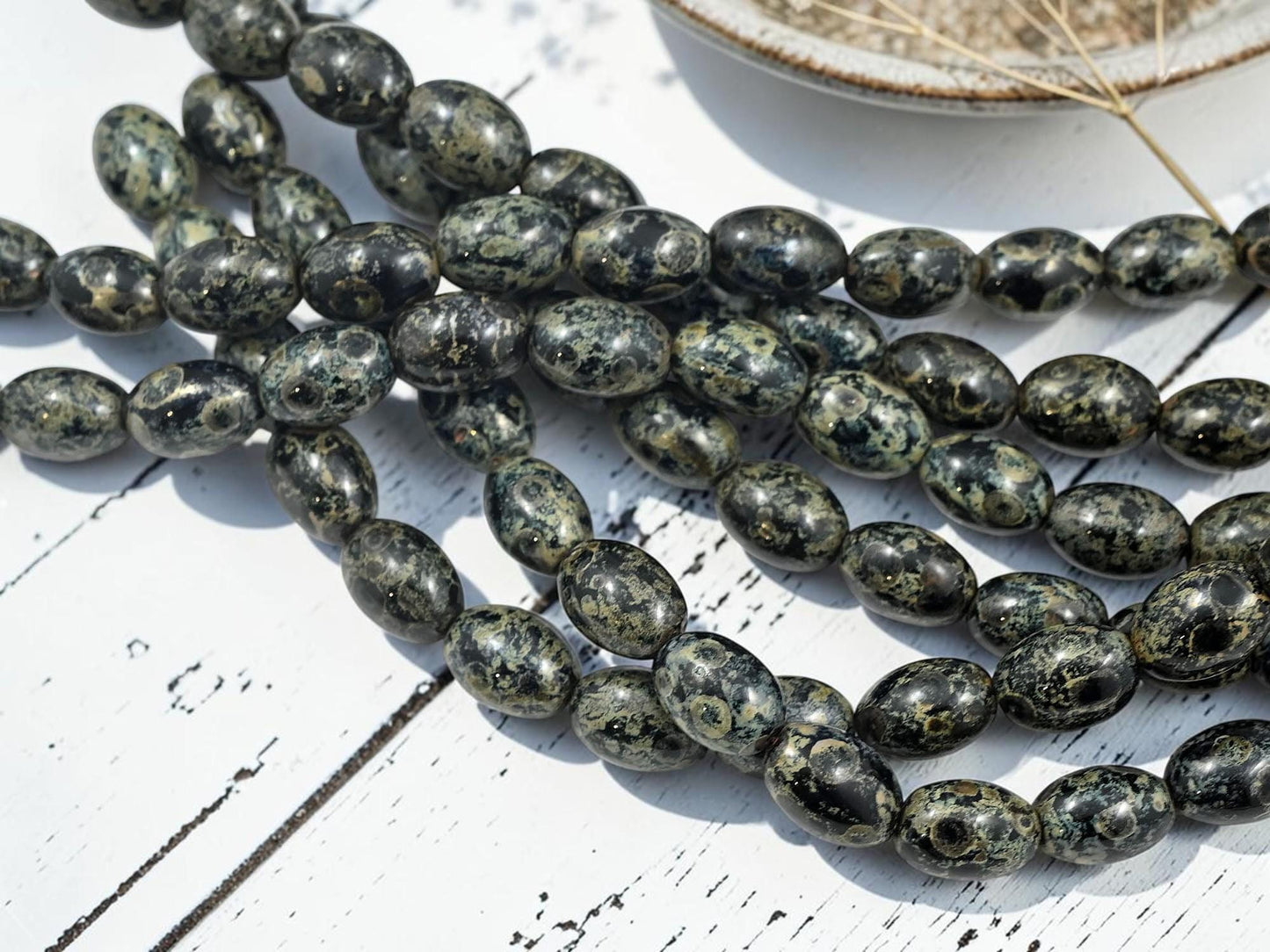 Old Stock Czech Pressed Glass Oval Rice Beads - Jet Black Picasso - 8x12mm - 12pcs Full Strand - (B996)