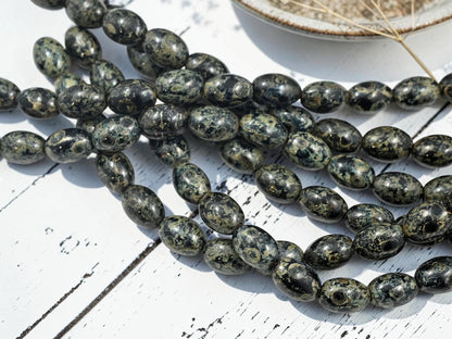 Old Stock Czech Pressed Glass Oval Rice Beads - Jet Black Picasso - 8x12mm - 12pcs Full Strand - (B996)