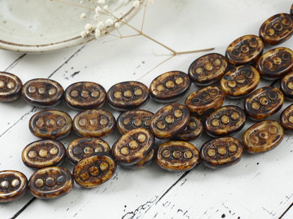 Old Stock Czech Glass Oval Dot Beads - Beige Travertine - 9pcs - 12x18mm - (B719)