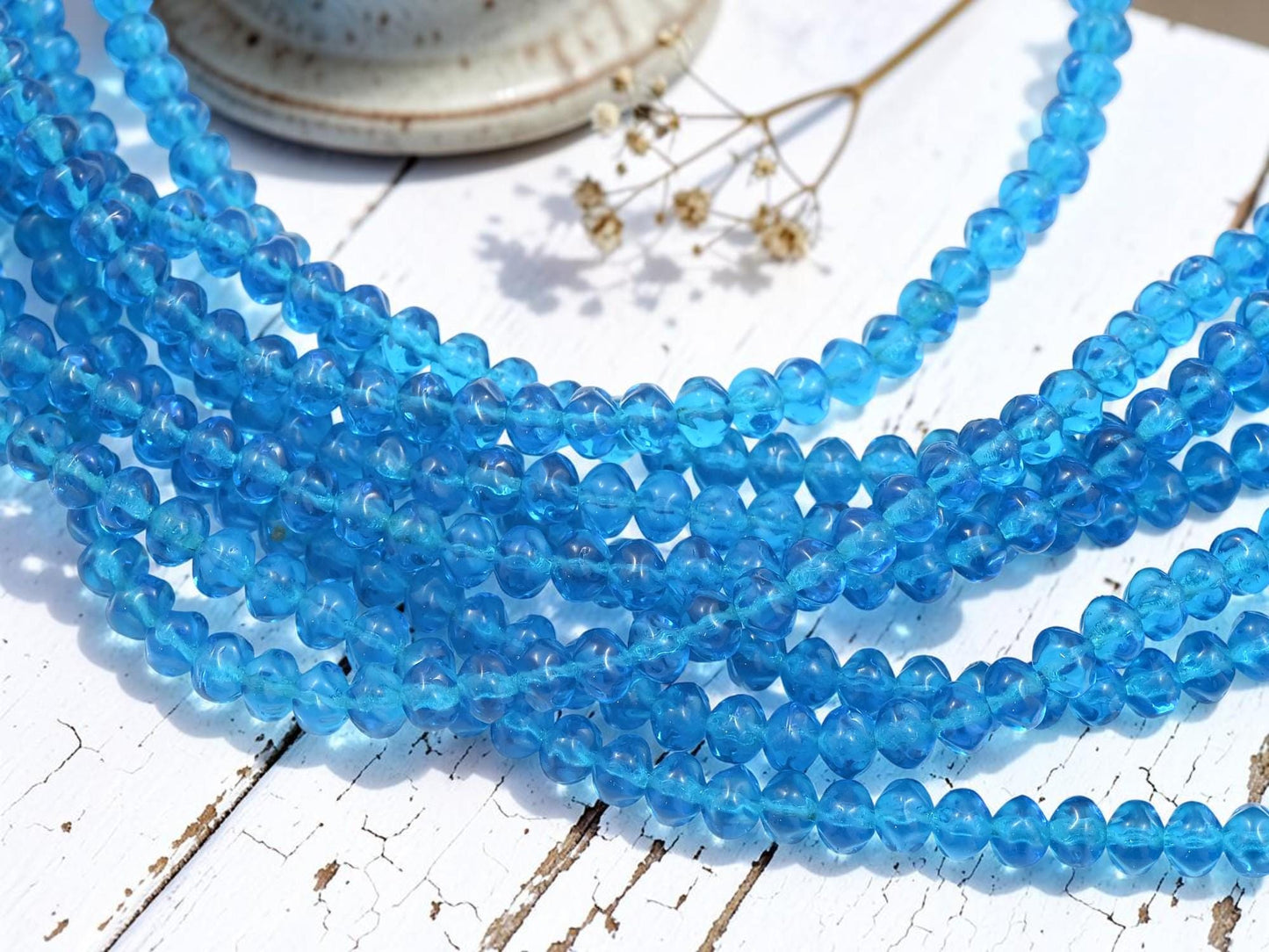 Old Stock Czech Glass Twisted Rondelle Spacer Beads - Capri Blue - 6x4mm - 8" Strand - (A99)