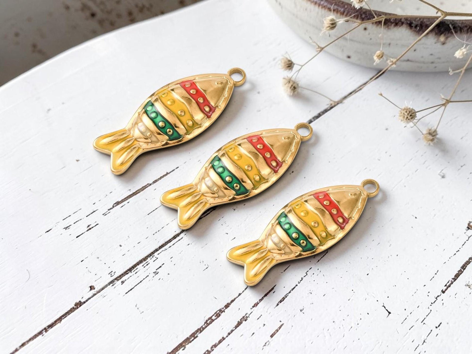 Gold Plated Stainless Steel & Enamel Metal Fish Charm Pendant - 28x11mm - 1pc - (3992)