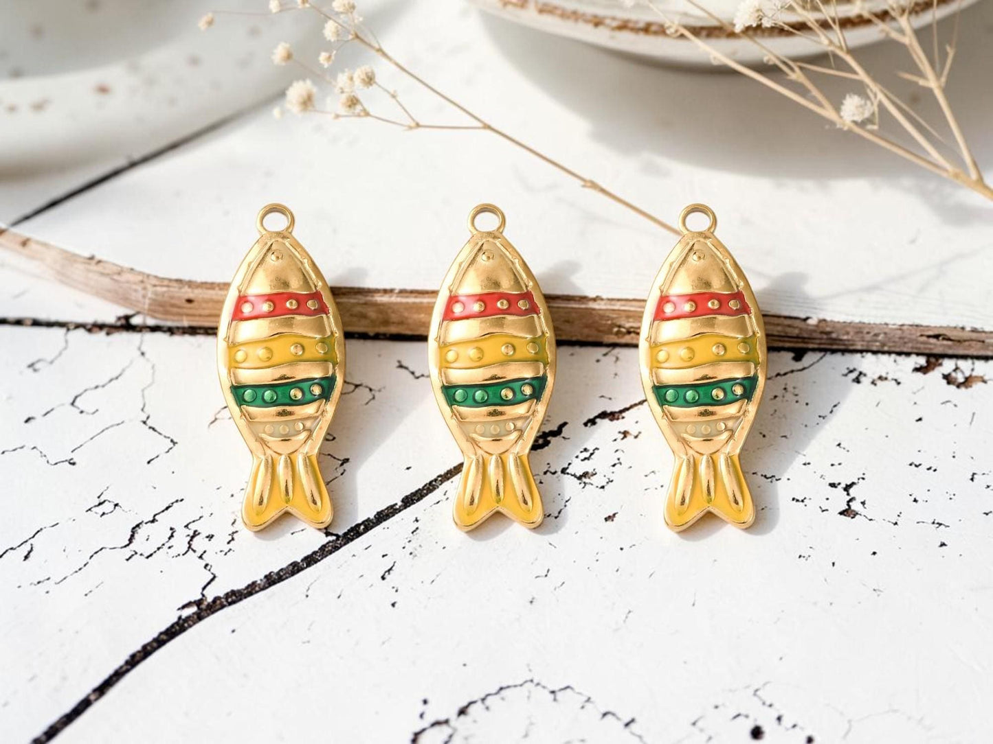 Gold Plated Stainless Steel & Enamel Metal Fish Charm Pendant - 28x11mm - 1pc - (3992)