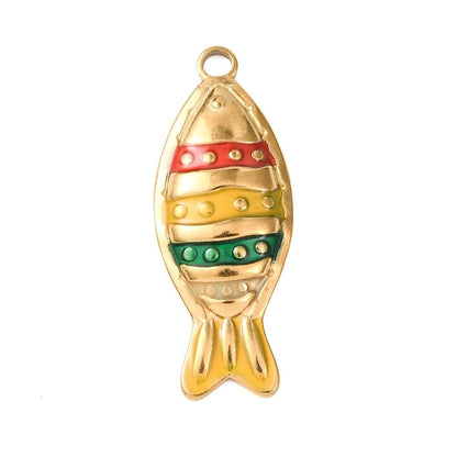 Gold Plated Stainless Steel & Enamel Metal Fish Charm Pendant - 28x11mm - 1pc - (3992)