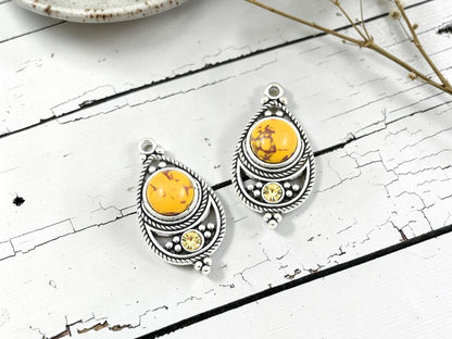 Antique Silver with Goldenrod Yellow Howlite + Rhinestone Metal Charm Pendants - 34x18mm - 2pcs - (3256)