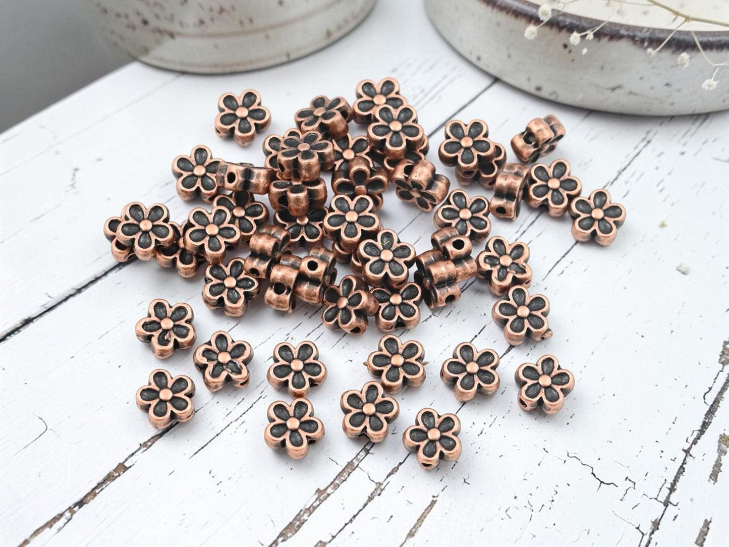 Antique Copper Metal Flower Spacer Beads - 7x4mm - 100pcs - (A664)