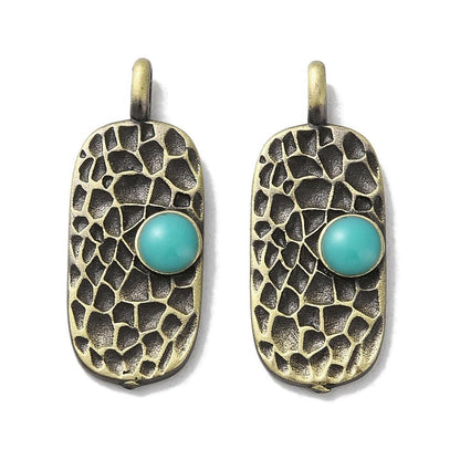 Antique Bronze Metal Hammered Oval Charms w/Turquoise - 4pcs - 21x8mm - (2713)