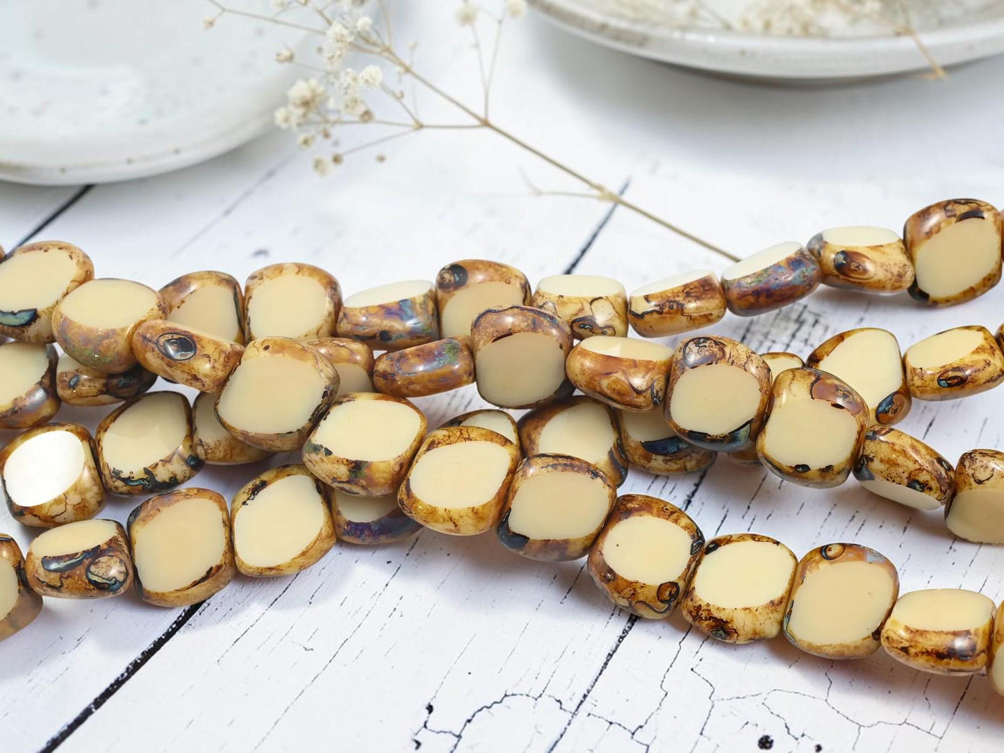 Czech Glass Old Stock Table Cut Picasso Beads - Opaque Beige Travertine - 14pcs - 13x15mm - (757)