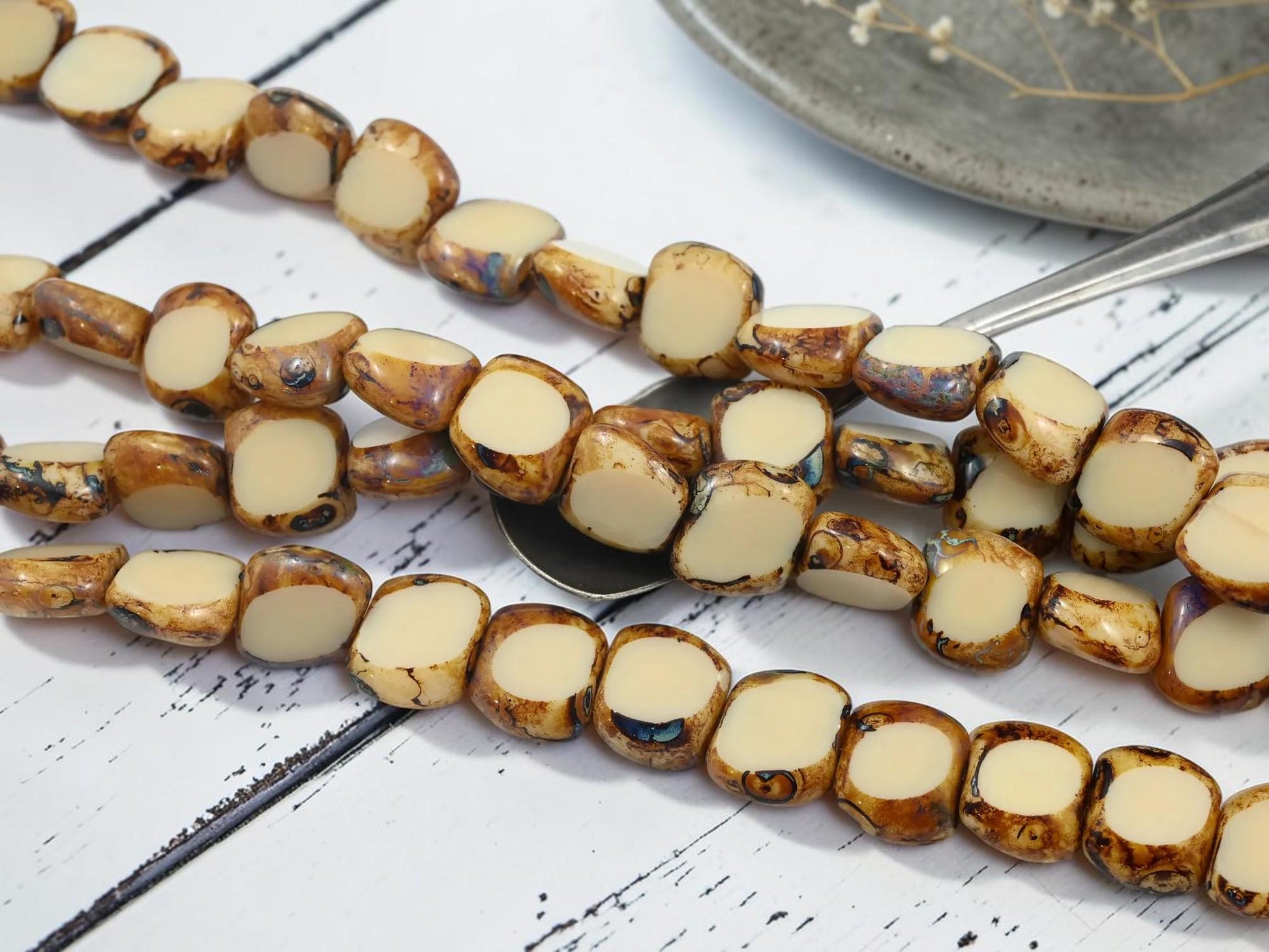 Czech Glass Old Stock Table Cut Picasso Beads - Opaque Beige Travertine - 14pcs - 13x15mm - (757)