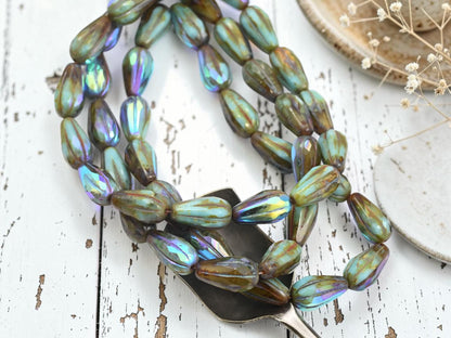 Czech Glass Faceted Tear Drop Beads - Blended Turquoise Topaz Picasso AB - 15x8mm - 15pcs - (2825)