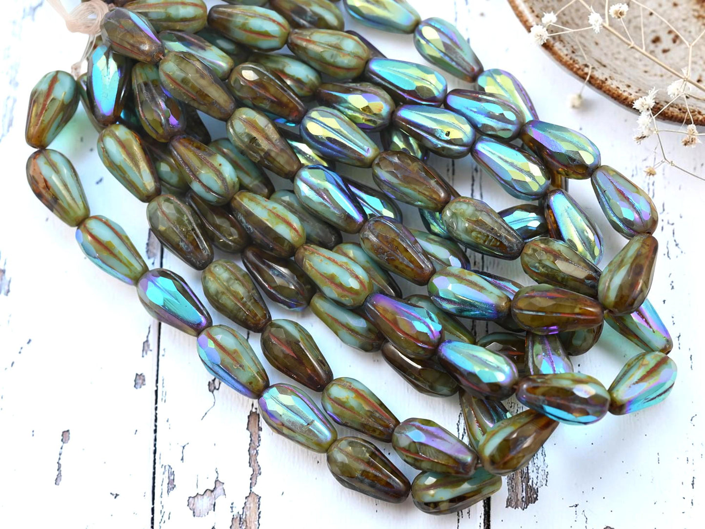 Czech Glass Faceted Tear Drop Beads - Blended Turquoise Topaz Picasso AB - 15x8mm - 15pcs - (2825)