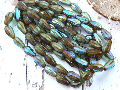 Czech Glass Faceted Tear Drop Beads - Blended Turquoise Topaz Picasso AB - 15x8mm - 15pcs - (2825)