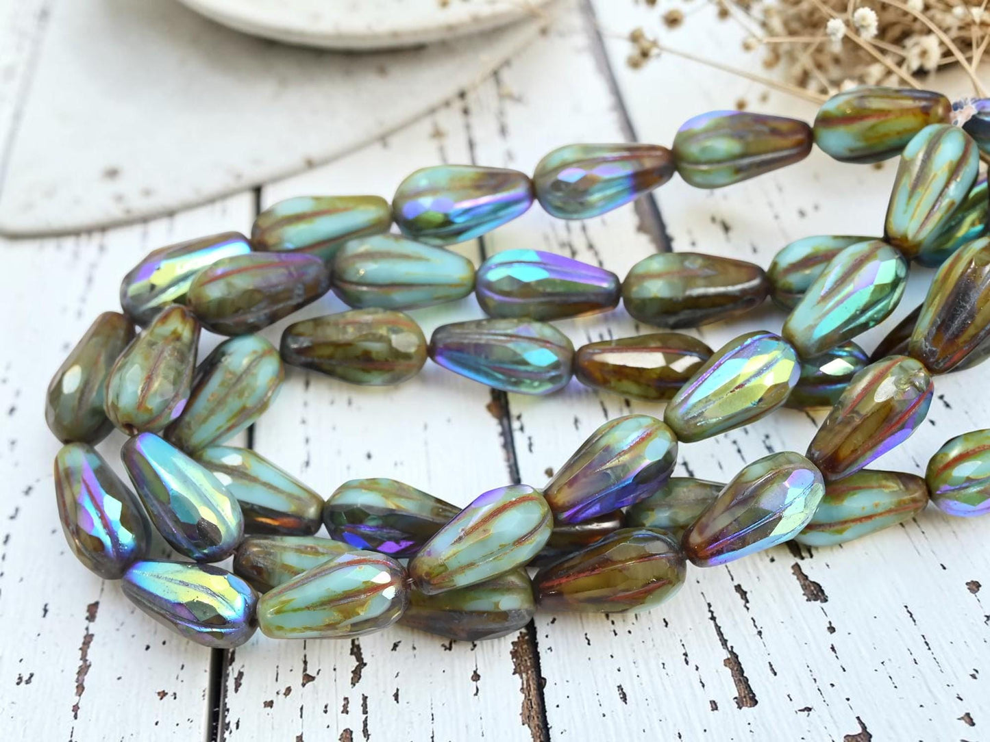 Czech Glass Faceted Tear Drop Beads - Blended Turquoise Topaz Picasso AB - 15x8mm - 15pcs - (2825)