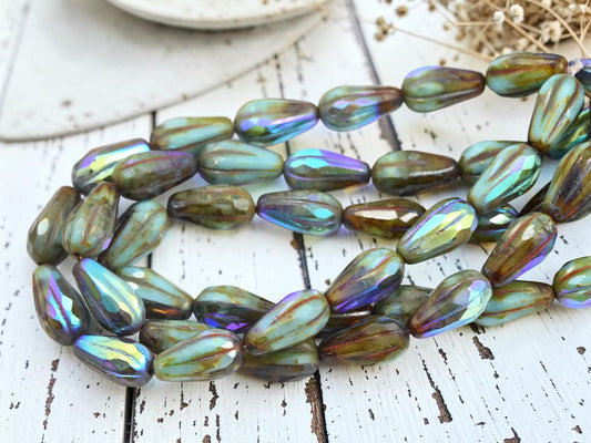 Czech Glass Faceted Tear Drop Beads - Blended Turquoise Topaz Picasso AB - 15x8mm - 15pcs - (2825)