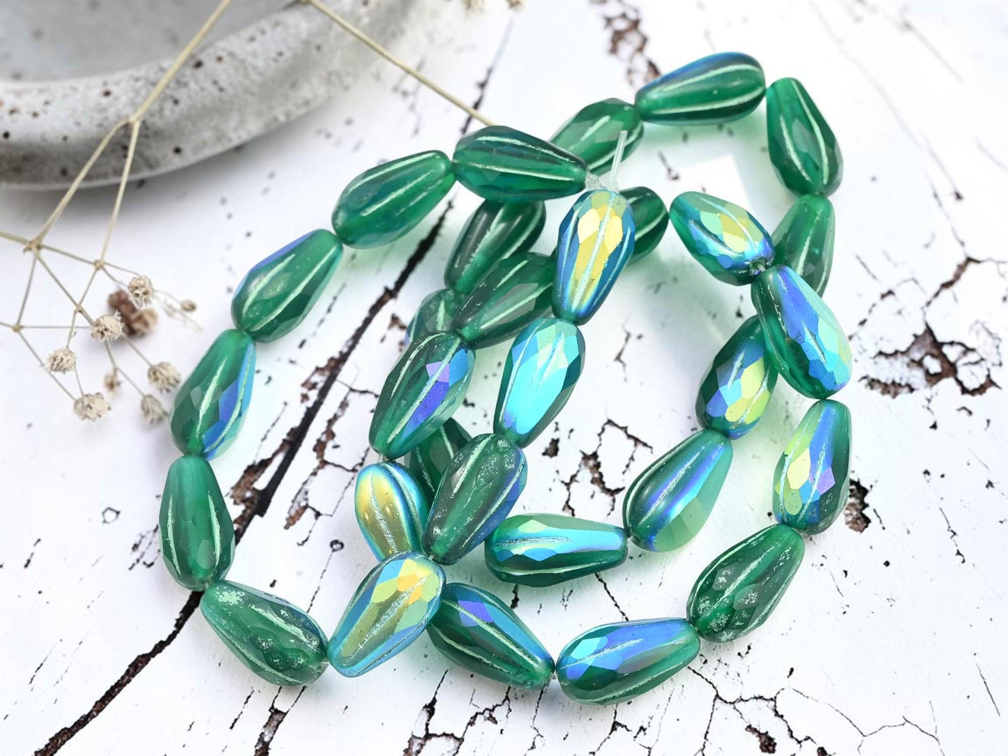 Czech Glass Faceted Tear Drop Beads - Green Washed Matte Emerald AB - 15x8mm - 10pcs - (2199)