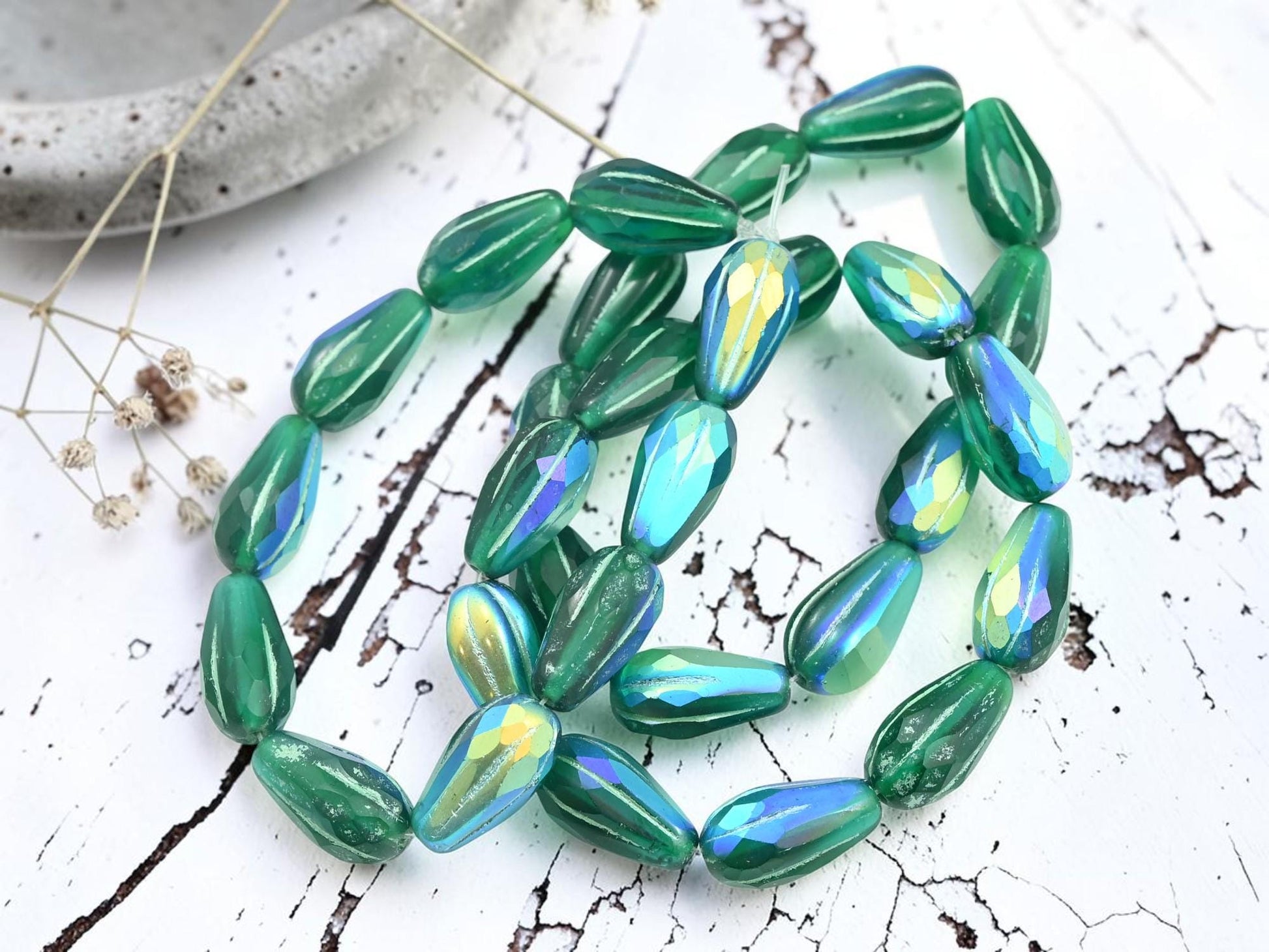 Czech Glass Faceted Tear Drop Beads - Green Washed Matte Emerald AB - 15x8mm - 10pcs - (2199)