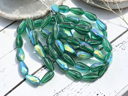 Czech Glass Faceted Tear Drop Beads - Green Washed Matte Emerald AB - 15x8mm - 10pcs - (2199)