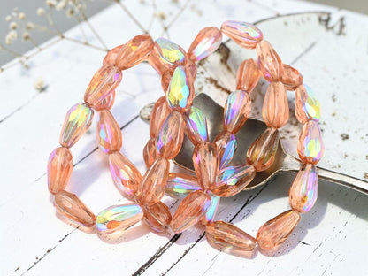Czech Glass Faceted Tear Drop Beads - Platinum Washed Peach AB - 15x8mm - 10pcs - (B747)