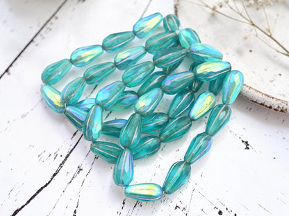 Czech Glass Faceted Tear Drop Beads - Silver Washed Matte Teal Aqua AB - 15x8mm - 10pcs - (255)